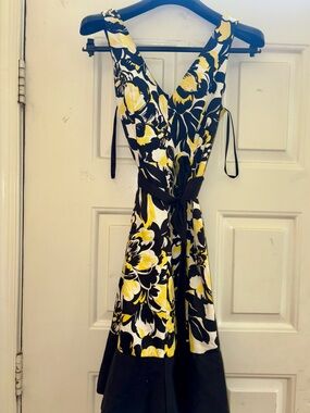 Nine West One-Shoulder Floral Fit & Flare Dress in Yellow, Black, and White